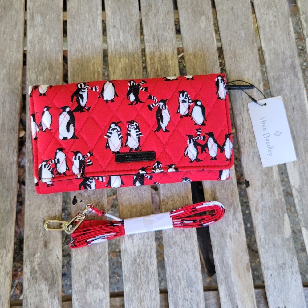 NWT VERA BRADLEY Playful Penguns Red Wallet Crossbody Wristlet